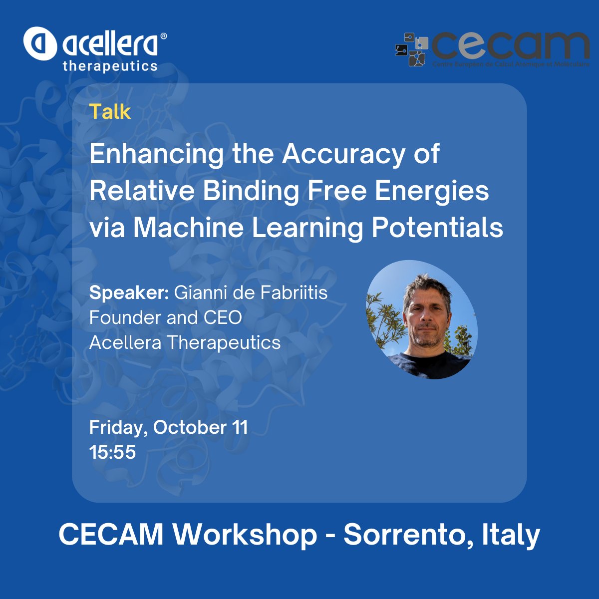 Acellera Therapeutics (@acellera) on Twitter photo This afternoon, our CEO, <a href="/gdefabritiis/">Gianni De Fabritiis</a> , will be speaking at the @CECAMevents Flagship WS on how to enhance the accuracy of relative binding free energies via machine learning potentials This afternoon, our CEO, <a href="/gdefabritiis/">Gianni De Fabritiis</a> , will be speaking at the @CECAMevents Flagship WS on how to enhance the accuracy of relative binding free energies via machine learning potentials