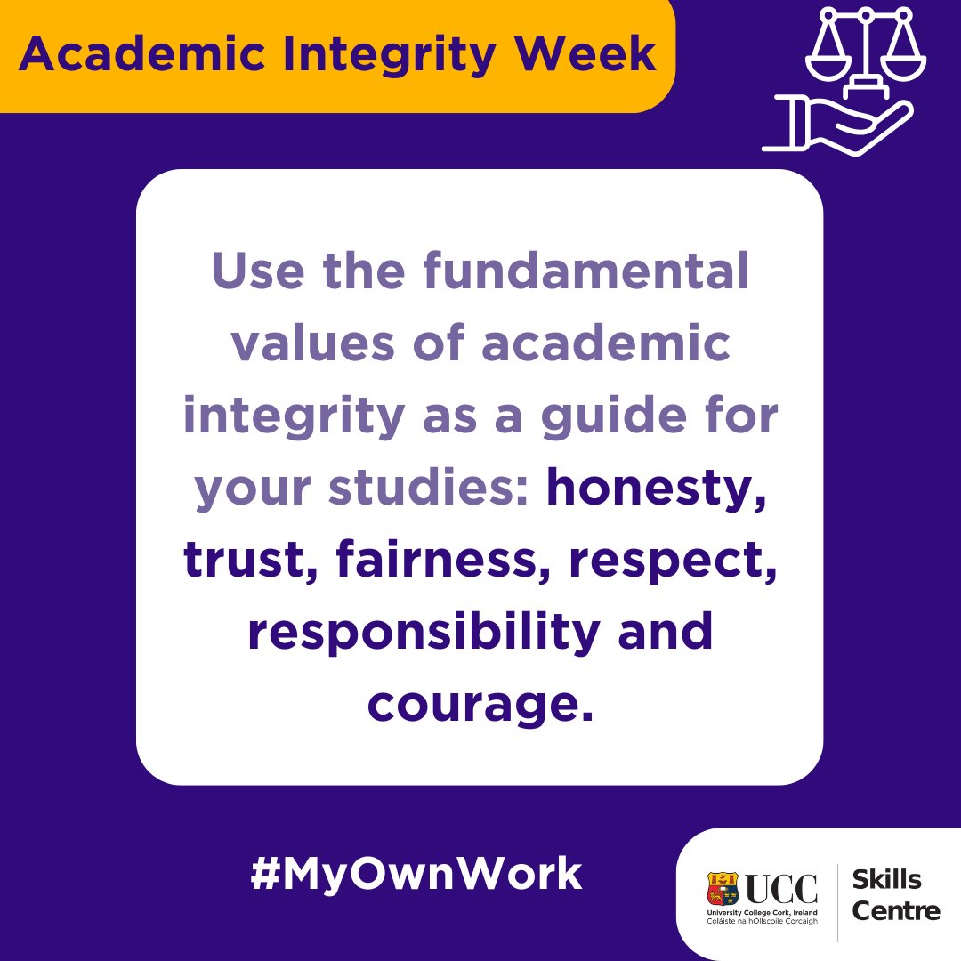 As we get ready for Academic Integrity Week next week, remember that you can use the fundamental values - honesty, trust, fairness, respect, responsibility and courage - as a guide for how you approach your studies. For more info, check out: ucc.ie/en/skillscentr…
#MyOwnWork