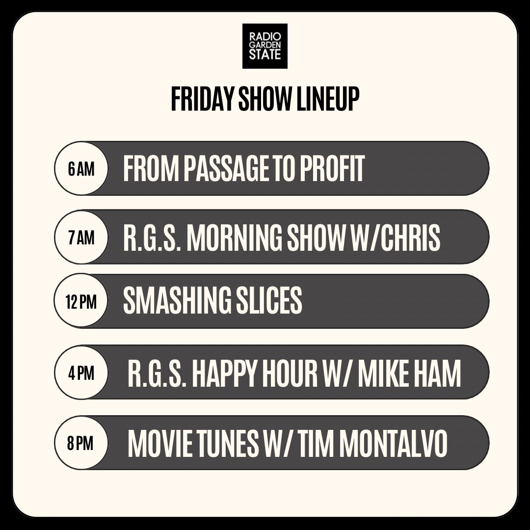 Fridays on Radio Garden State: business, sports, pizza, and movie jams—what more could you want? radiogardenstate.com