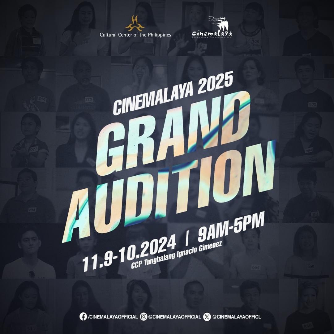 To everyone,

Magkakaroon ng Cinemalaya auditions this Nov. 9-10, 2024 sa CCP Tanghalang Ignacio Gimenez. Abangan at kitakits! 

Best, 
Cinemalaya 

#Cinemalaya21 #CinemalayaAuditions #culturalcenterph