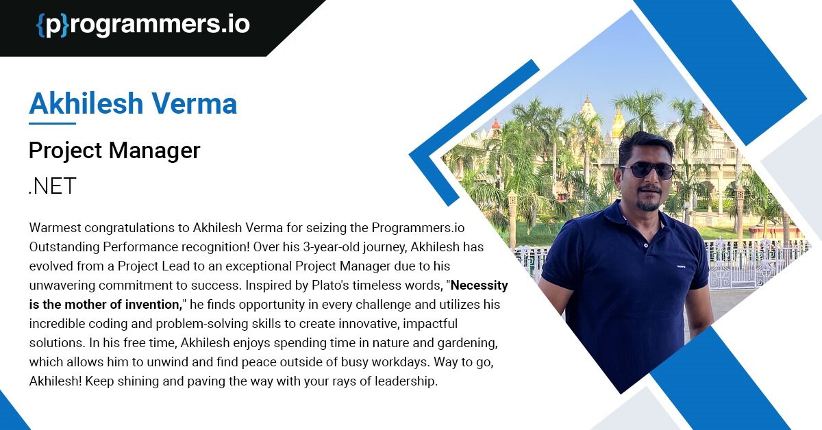 programmersio's tweet image. Congratulations to Akhilesh Verma for sweeping off the #OutstandingPerformance award with his sheer coding, problem-solving, & leadership excellence.
Thank you, Akhilesh, for taking our mutual efforts one step closer to success!
#team #programmersio #programmers #apprecationpost