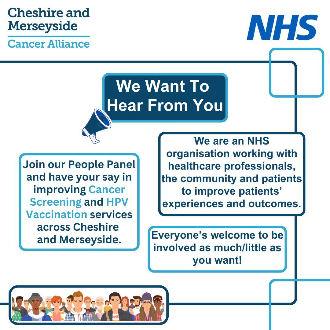 Cheshire and Merseyside Cancer Alliance (@cmcaalliance) on Twitter photo Help us to improve cancer screening and HPV vaccine services in Cheshire and Merseyside.
Fill in this form to join our People Panel tinyurl.com/ScreeningHPVPa…
<a href="/HealthwatchCE/">HWCheshireEast</a> <a href="/hwhalton/">Healthwatch Halton 🏳️🌈</a> <a href="/HealthwatchCW/">HWCheshireWest</a> <a href="/HWatchSefton/">Healthwatch Sefton</a> <a href="/HW_Liverpool/">Healthwatch L'Pool</a> <a href="/HWKnowsley/">Healthwatch Knowsley</a> <a href="/HWStHelens/">Healthwatch StHelens</a> <a href="/HWWarrington/">Healthwatch Warrington</a> <a href="/Healthwatchwirr/">Healthwatch Wirral</a> Help us to improve cancer screening and HPV vaccine services in Cheshire and Merseyside.
Fill in this form to join our People Panel tinyurl.com/ScreeningHPVPa…
<a href="/HealthwatchCE/">HWCheshireEast</a> <a href="/hwhalton/">Healthwatch Halton 🏳️🌈</a> <a href="/HealthwatchCW/">HWCheshireWest</a> <a href="/HWatchSefton/">Healthwatch Sefton</a> <a href="/HW_Liverpool/">Healthwatch L'Pool</a> <a href="/HWKnowsley/">Healthwatch Knowsley</a> <a href="/HWStHelens/">Healthwatch StHelens</a> <a href="/HWWarrington/">Healthwatch Warrington</a> <a href="/Healthwatchwirr/">Healthwatch Wirral</a>