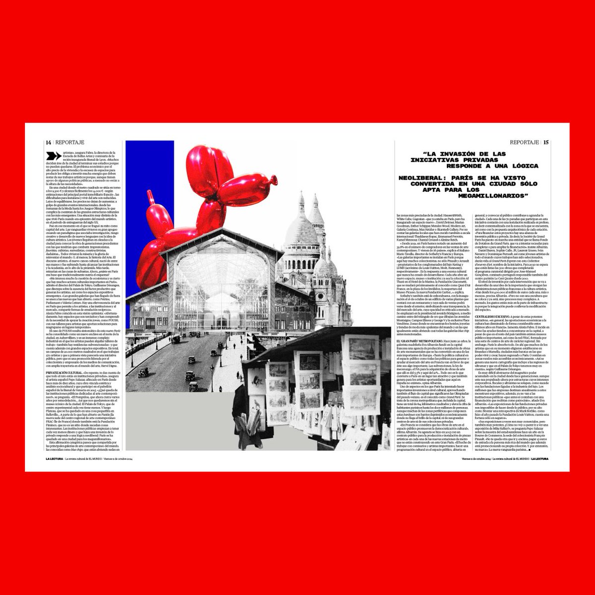 PARÍS, CAPITAL DEL ARTE
(OTRA VEZ).
La ciudad recupera el trono que tuvo en las vanguardias pero con un modelo dominado por marcas de lujo y colecciones de millonarios.

Ilustración para <a href="/LaLectura_EM/">La Lectura</a> de <a href="/elmundoes/">EL MUNDO</a>

Reportaje <a href="/mariocanal_/">𝗠𝗔𝗥𝗜𝗢 𝗖𝗔𝗡𝗔𝗟</a>
D.A: <a href="/Maria_Gonzalz_/">María González Manteca</a> <a href="/JosetxuLP/">Nunhapedra</a>

11.10.24