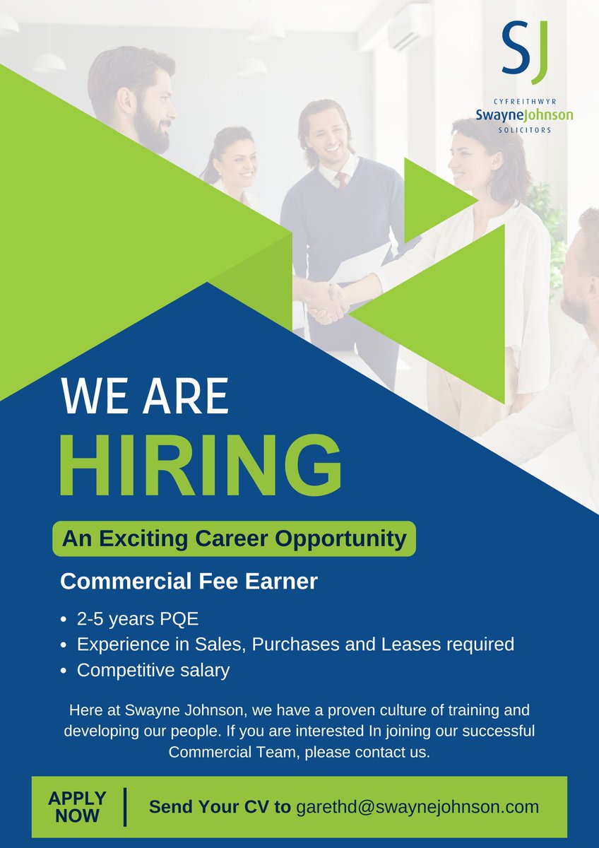Swayne Johnson Solicitors (@swaynejohnson) on Twitter photo 📢 We're Hiring!
We're looking for a talented Commercial Fee Earner to join our growing team!
Send your CV to garethd@swaynejohnson.com 📢 We're Hiring!
We're looking for a talented Commercial Fee Earner to join our growing team!
Send your CV to garethd@swaynejohnson.com