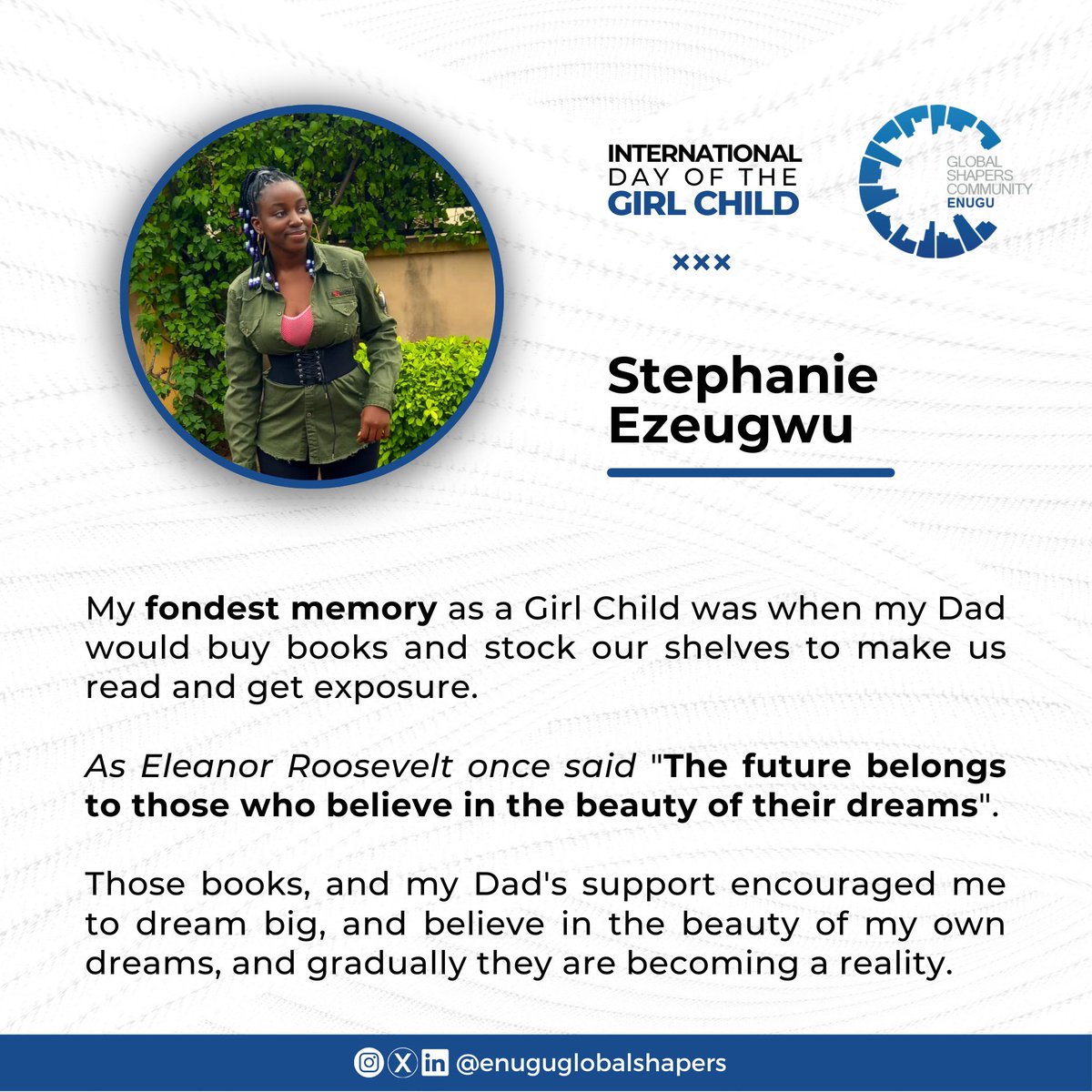 It's the International Day of the Girl Child! 💙✨ Can you share your fondest memory as a girl child? 🤔

Tell us in the comments ⬇️☺️

#internationaldayofthegirl #girlchildday #storytelling #globalshapers