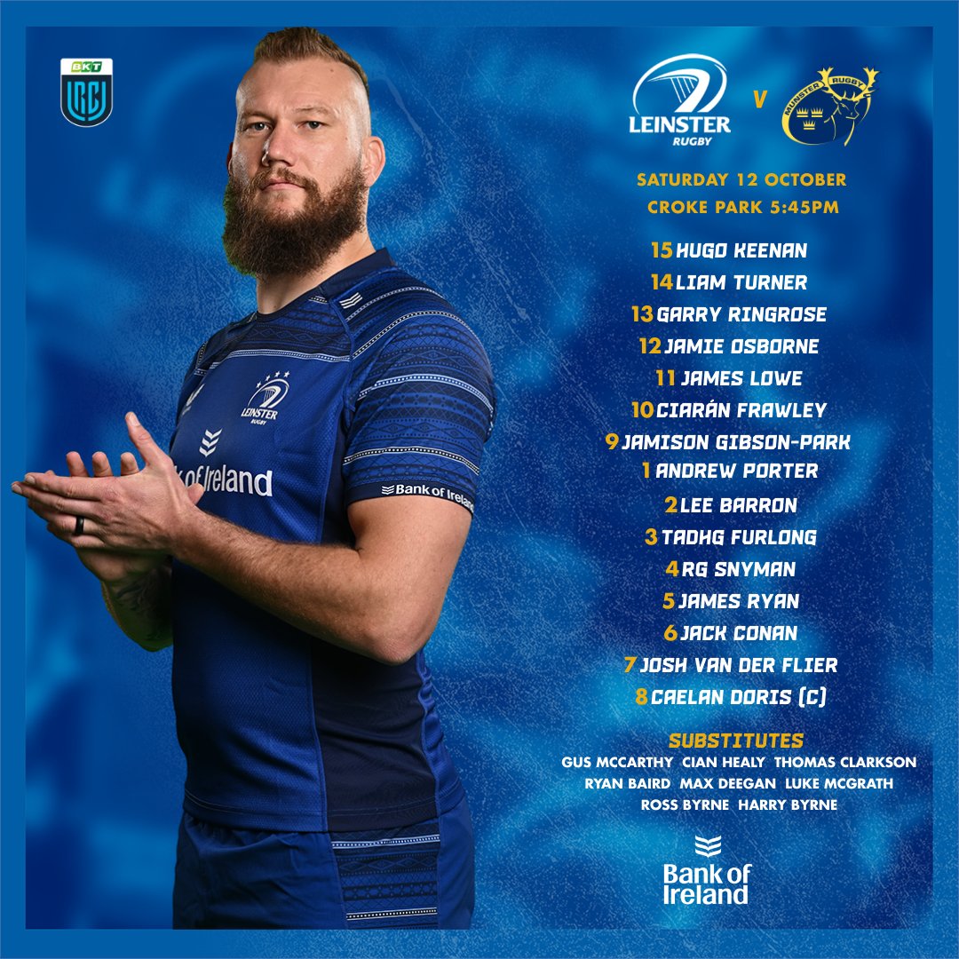 🏟️ | 𝓡𝓮𝓪𝓭𝔂 𝓯𝓸𝓻 𝓒𝓻𝓸𝓴𝓮𝓻

Here is your #LeinsterRugby team to face
<a href="/Munsterrugby/">Munster Rugby</a> tomorrow evening in Croke Park!

#LEIvMUN #FromTheGroundUp