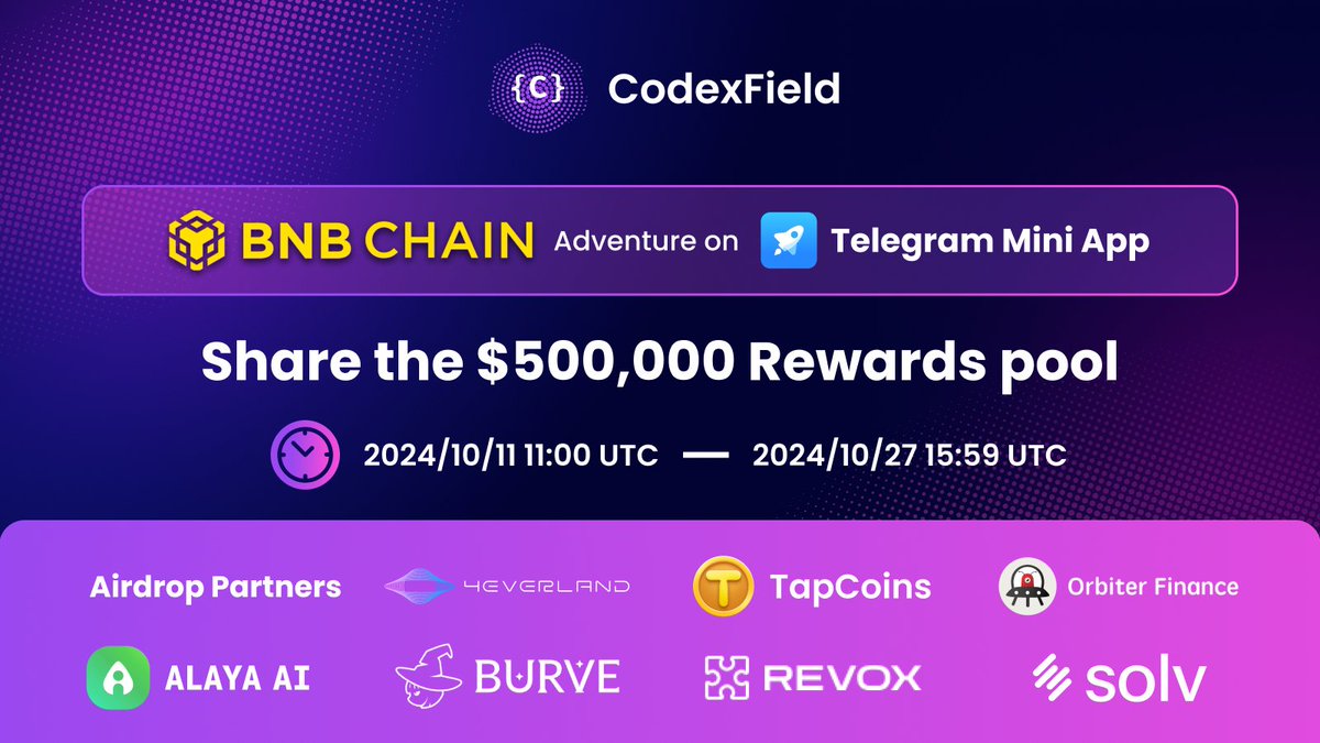 CodexField's tweet photo. Attention Rookies, Adventure Time!🧙‍♀️☄️✨

Participate in the "@BNBCHAIN Adventure on @Telegram" and stand a chance to win $500,000 USDT worth of token airdrops from our amazing partners!

⏲️Period: 11 Oct - 27 Oct 2024

👉Telegram #Airdrop Event Portal➡️https://t.co/MxgPolERlR