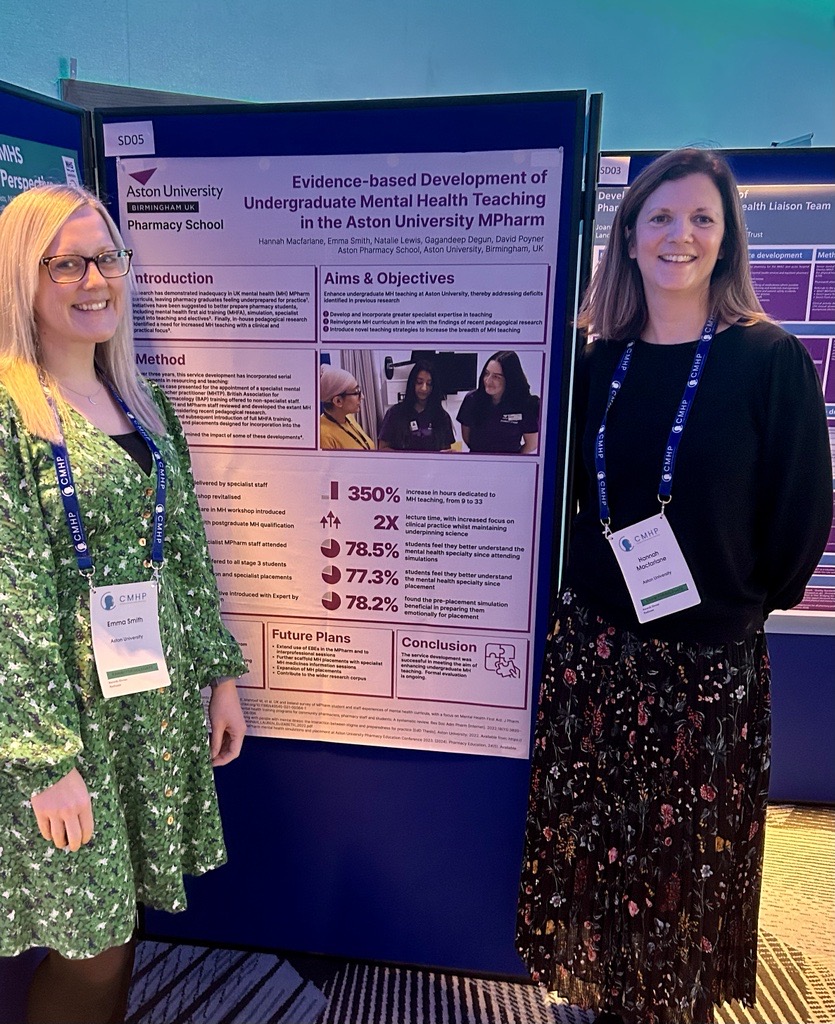 Aston Pharmacy School (@aston_pharmacy) on Twitter photo Excited to be at the <a href="/CMHPCommunity/">CMHP</a> conference in Glasgow.
Proud to see MPharm 2024 graduate Adeeka Saad presenting her final year project and <a href="/Macfarlanes25/">Hannah Macfarlane (she/her)</a> & <a href="/__EmmaSmith/">Emma Smith</a> representing the teaching team with our work on our MPharm curriculum. More to come! #CMHP24 #TeamAston Excited to be at the <a href="/CMHPCommunity/">CMHP</a> conference in Glasgow.
Proud to see MPharm 2024 graduate Adeeka Saad presenting her final year project and <a href="/Macfarlanes25/">Hannah Macfarlane (she/her)</a> & <a href="/__EmmaSmith/">Emma Smith</a> representing the teaching team with our work on our MPharm curriculum. More to come! #CMHP24 #TeamAston
