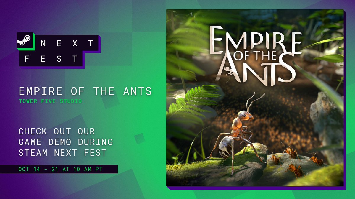 Empire of the Ants is joining #SteamNextFest! 🐜

Don’t miss your chance to explore the game with our exclusive demo, available for a limited time.

🍃 Join us on Discord to share your feedback: discord.gg/EmpireAnts