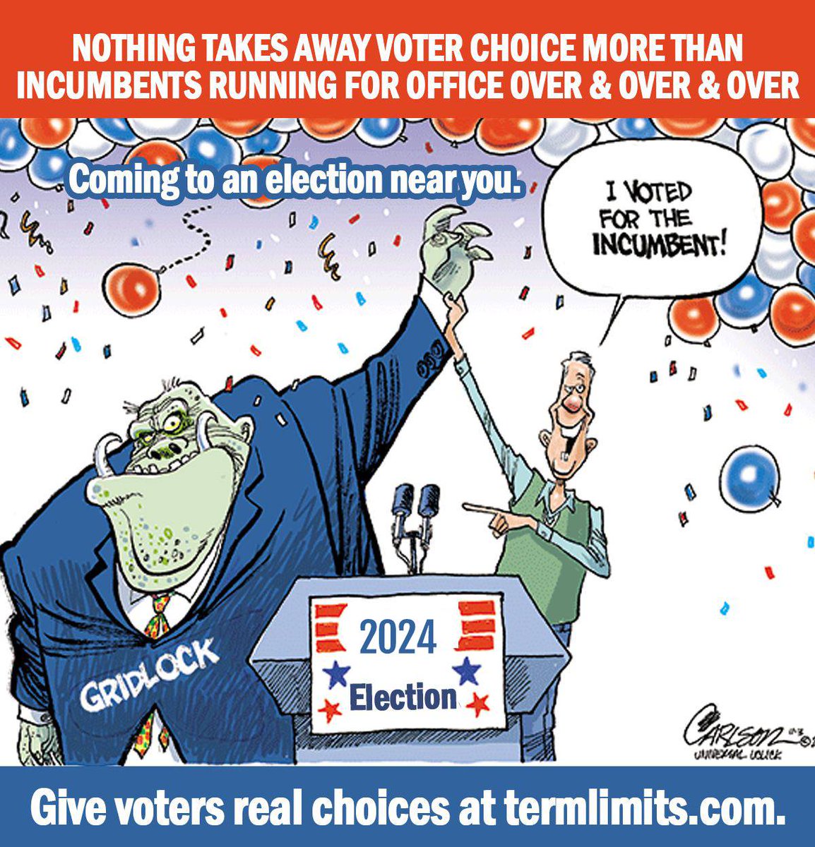USTermLimits's tweet image. Term limits end incumbent advantages and allow new people to run for office, giving the voters more choices at the ballot box instead of the same incumbent election after election. Like and share, if you agree.
#TermLimitCongress #TermLimitsNow