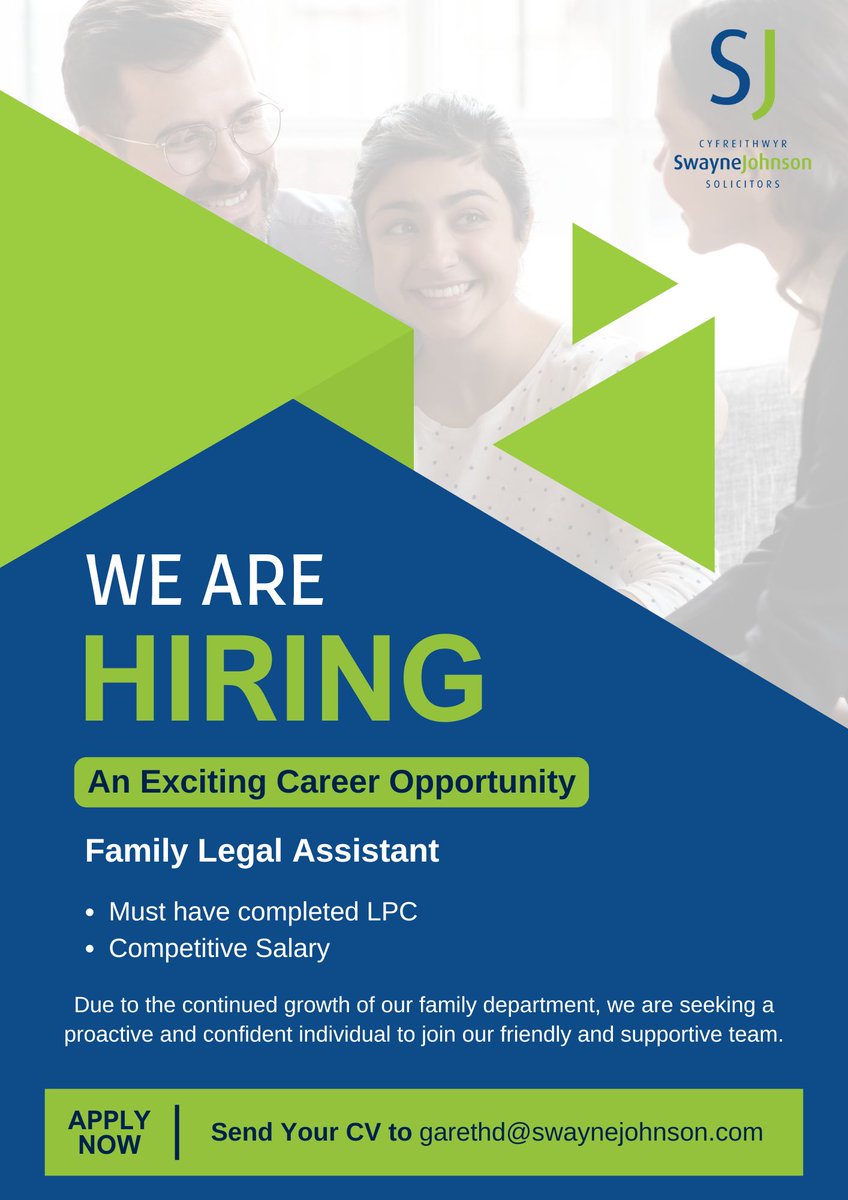 Swayne Johnson Solicitors (@swaynejohnson) on Twitter photo 📢 We’re Hiring!
Due to the continued growth of our family department, we are seeking a proactive and confident individual to join our friendly and supportive team.
Send Your CV to garethd@swaynejohnson.com 📢 We’re Hiring!
Due to the continued growth of our family department, we are seeking a proactive and confident individual to join our friendly and supportive team.
Send Your CV to garethd@swaynejohnson.com