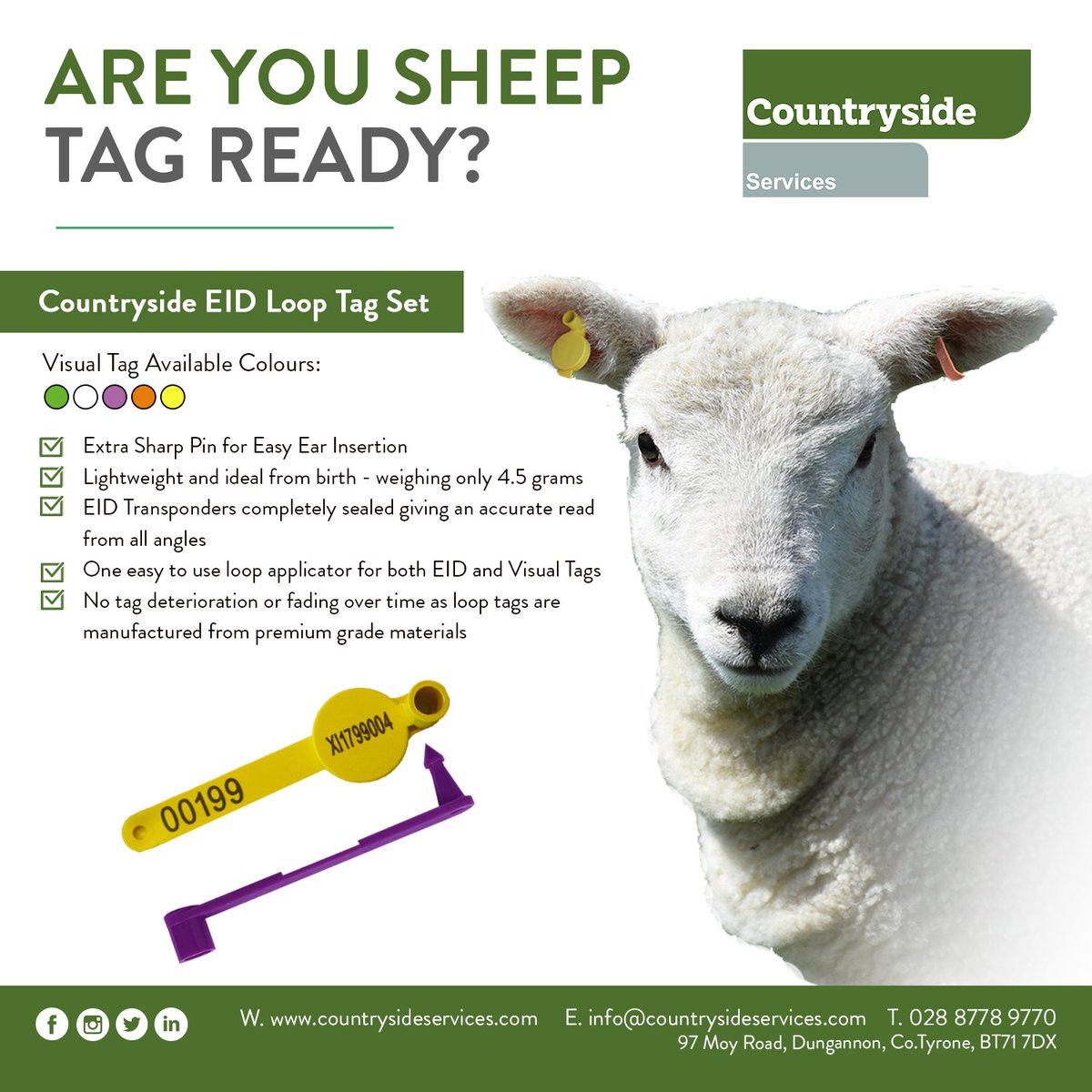 Countryside Services (@cslni) on Twitter photo Have you got your sheep tags sorted?๐
Purchasing Countryside Sheep Tags has many benefits for both sheep and farmers.
Contact our team today for more information:
T. 028 8778 9770
E. info@countrysideservices.com
W. countrysideservices.com Have you got your sheep tags sorted?๐
Purchasing Countryside Sheep Tags has many benefits for both sheep and farmers.
Contact our team today for more information:
T. 028 8778 9770
E. info@countrysideservices.com
W. countrysideservices.com