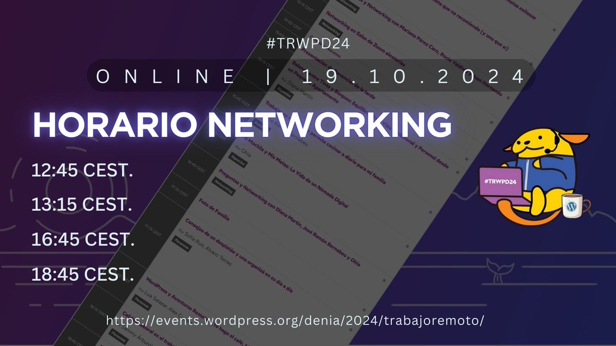 Es online, pero hay networking. ¡Organiza tu calendario!
#TRWPD24 #WPDenia #teletrabajo #trabajoremoto #WordPress
<a href="/alexcuadr4/">$alexCuadra 🇳🇮</a> <a href="/lidivanarroyo/">Lidia Arroyo</a> <a href="/AngelZinsel/">Angel Zinsel</a> <a href="/juansegui/">Juan Seguí Moreno</a> <a href="/acceseo/">acceseo</a> <a href="/JosVelasco/">Jos Velasco 🏔</a> <a href="/sammy_arburola/">Sammy</a> <a href="/JulesCesarMx/">Julio Cesar Godinez</a> <a href="/PotenciaPro/">Potencia Pro</a> <a href="/LucusHost/">LucusHost</a> <a href="/ayudawp/">Ayuda WordPress</a> <a href="/ciudadanoB/">Juan Hernando</a> <a href="/rociovaldi/">Rocío Valdivia</a>