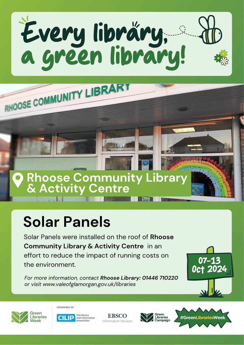 VOGLibraries's tweet image. Every Library, a Green Library! Did you know this week is #GreenLibrariesWeek? Check out some of the great green efforts our libraries have to offer.
Rhoose Library's Solar Panels.
@RhooseCLibrary @VOGCouncil