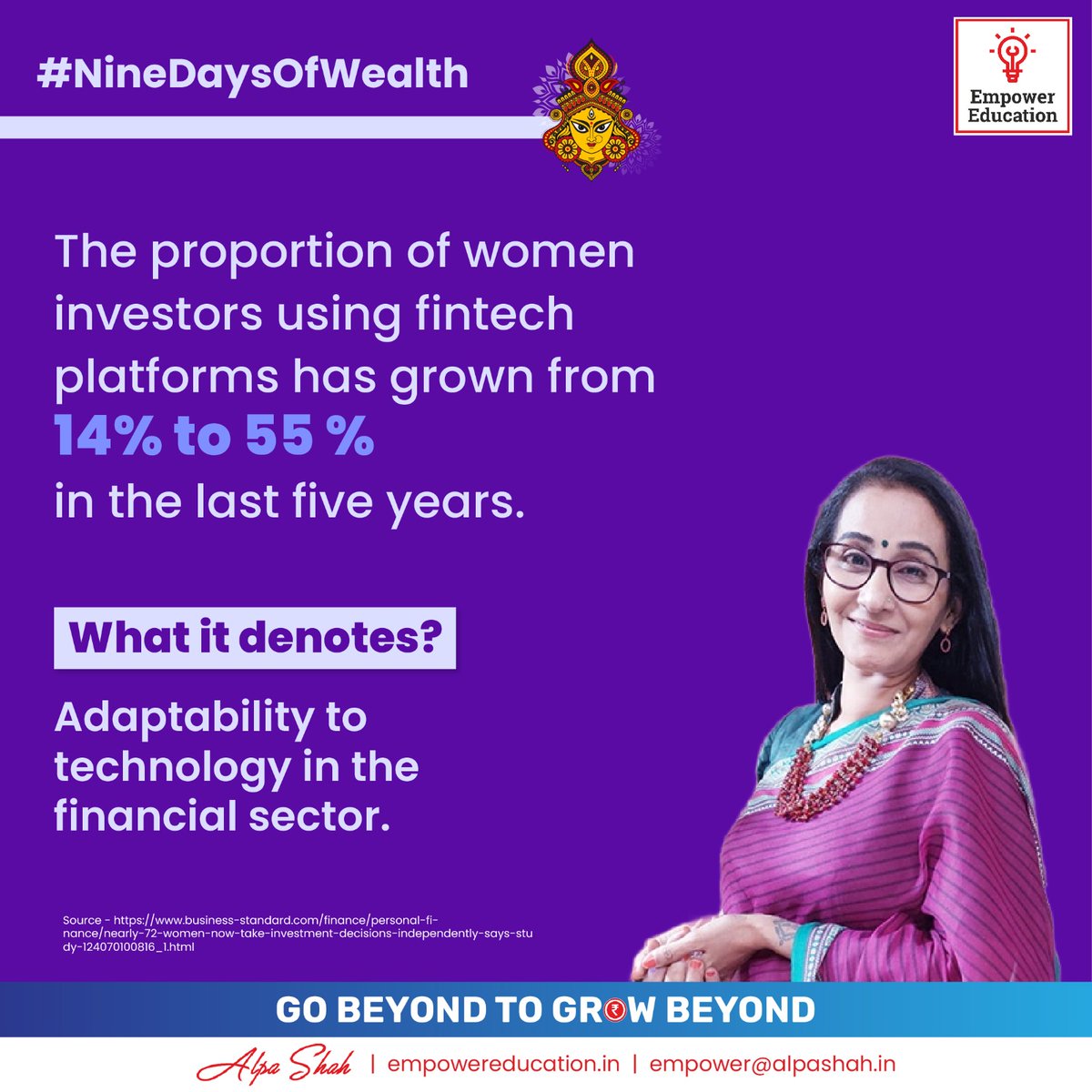 AlpaShah5678's tweet image. Finance savvy &amp;amp; tech-savvy!
It&apos;s incredible to see how women are increasingly embracing #fintechplatforms for their investment needs.
This #Navratri, let&apos;s celebrate adaptability to technology shown by them to navigate through complex world of invesments &amp;amp; achieve financial goals