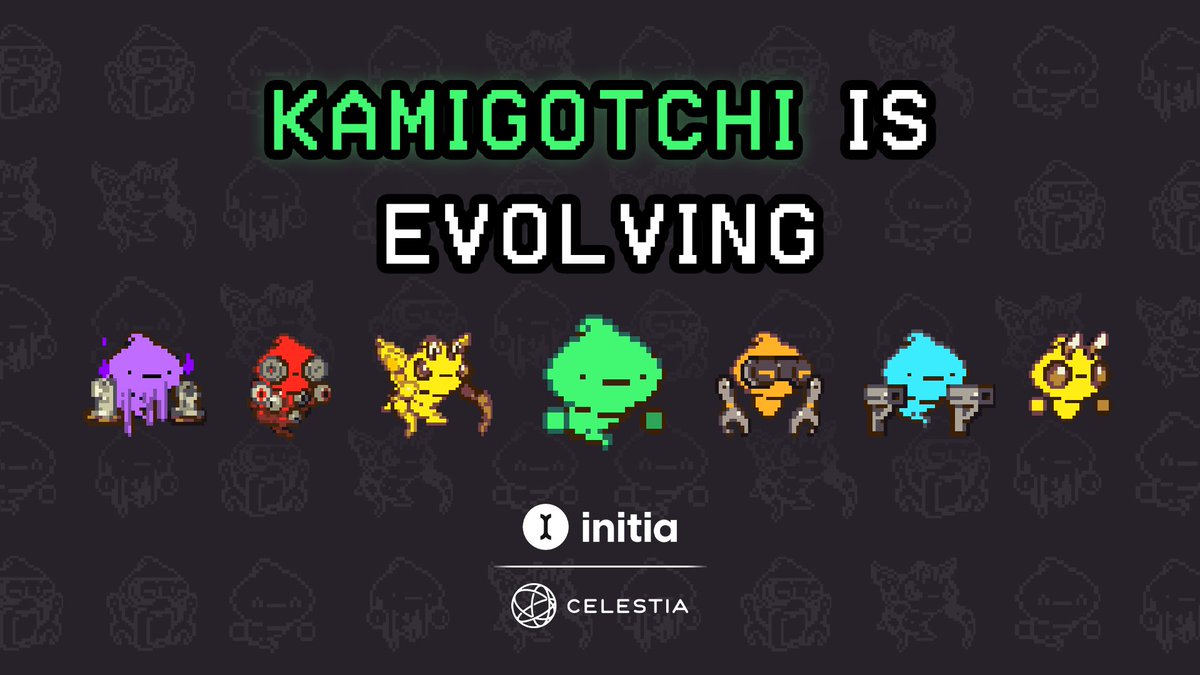 Kamigotchi (@kamigotchiworld) on Twitter photo Kamigotchi is evolving.
After 1.4 million transactions and 4452 Kamis minted, Kamigotchiโs first testnet ends in a week.
Testnet 2 will drop on <a href="/initia/">Initia ๐ชข</a>'s Interwoven Stack ๐ชข with @CelestiaOrg underneath โจ.
Our mainnet L2 โ Yominet โ powered by our token $ONYX, is coming. Kamigotchi is evolving.
After 1.4 million transactions and 4452 Kamis minted, Kamigotchiโs first testnet ends in a week.
Testnet 2 will drop on <a href="/initia/">Initia ๐ชข</a>'s Interwoven Stack ๐ชข with @CelestiaOrg underneath โจ.
Our mainnet L2 โ Yominet โ powered by our token $ONYX, is coming.