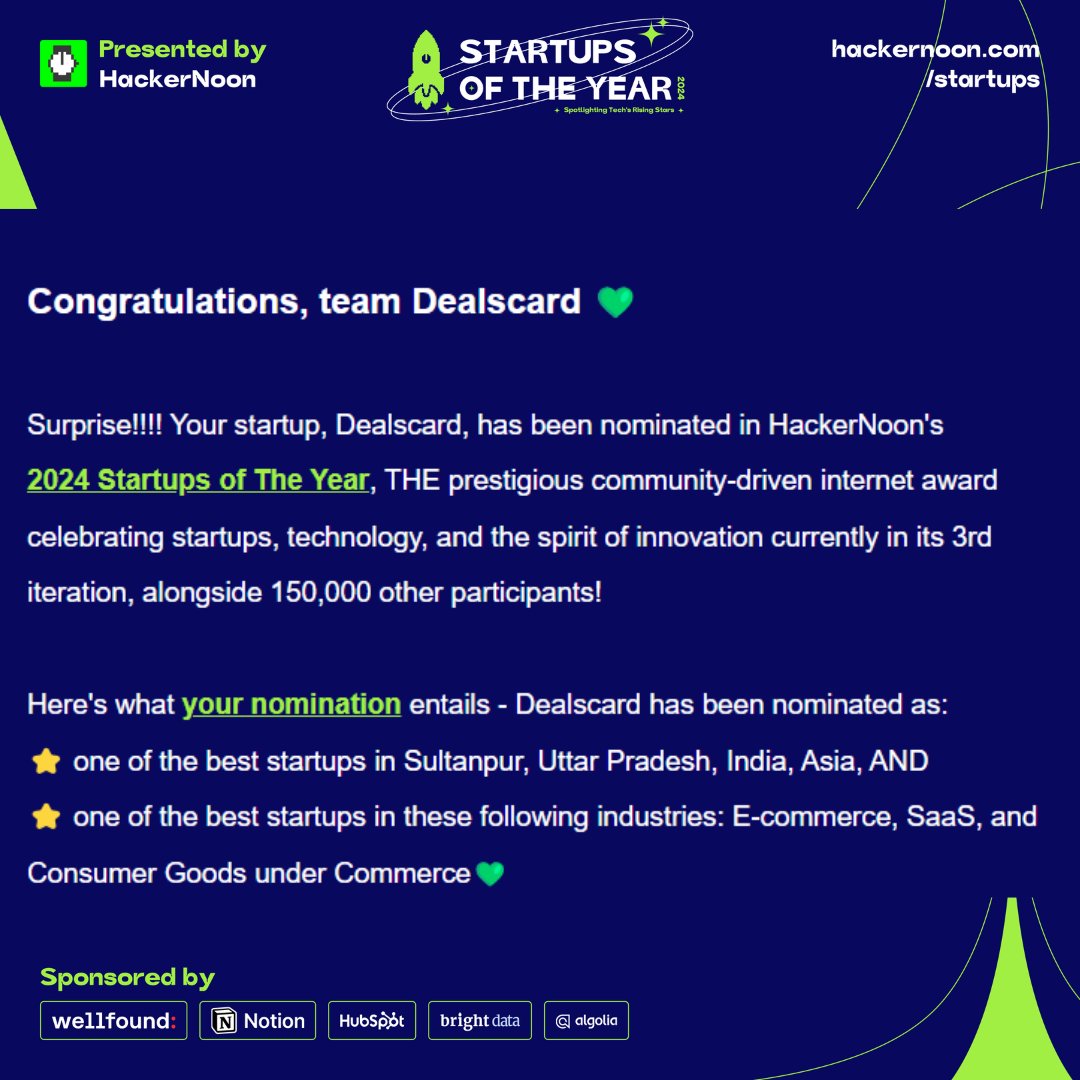 bachatdealloot's tweet photo. We are humbled to be nominated for the 2024 Startups of The Year by @hackernoon 

Vote for us:
1. Visit https://t.co/pZGMFQE5qR
2. Search "Dealscard"
3. Click Vote
Thank you so much for your support💪 https://t.co/XrxfRD5wq9