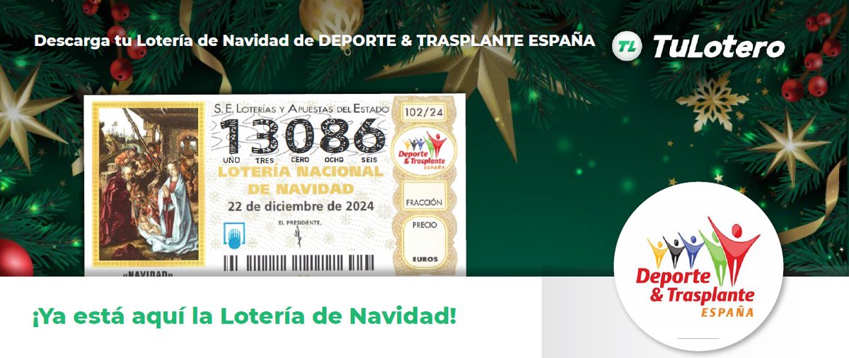 Como cada año, ya está aquí la lotería de Navidad. 

No dejes de compartir esta ilusión con los tuyos.

Y si toca…. ?

deporteytrasplanteespana.com/loteria-navida…
Mucha suerte !!

#DonaMédulaÓsea #DonaÓrganos #trasplante+#deporte=#vida #ONT_esp