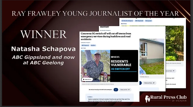 Congratulations to winner of the #RPCVAwards 2024 Ray Frawley Young Journalist of the Year: Natasha Schapova of ABC News.
Congratulations to the highly commended entrants: Hannah Kennelly of Mansfield Courier/The Age and Nicholas Duck of Warragul &amp; Drouin Gazette.