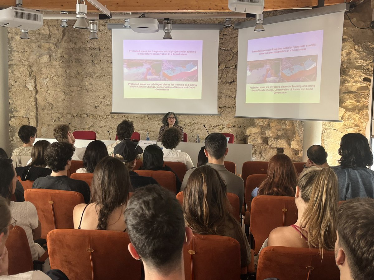 ctforestal's tweet photo. “Protected areas are long-term social projects, privileged places for learning &amp; acting about climate change, nature conservation, and good governance” said Dr. Marta Múgica, director of @FUNGOBE &amp; @redeuroparc, during her inspiring lecture at #UNESCOMED to the @ICTA_UAB students https://t.co/ySjVu1PaYM