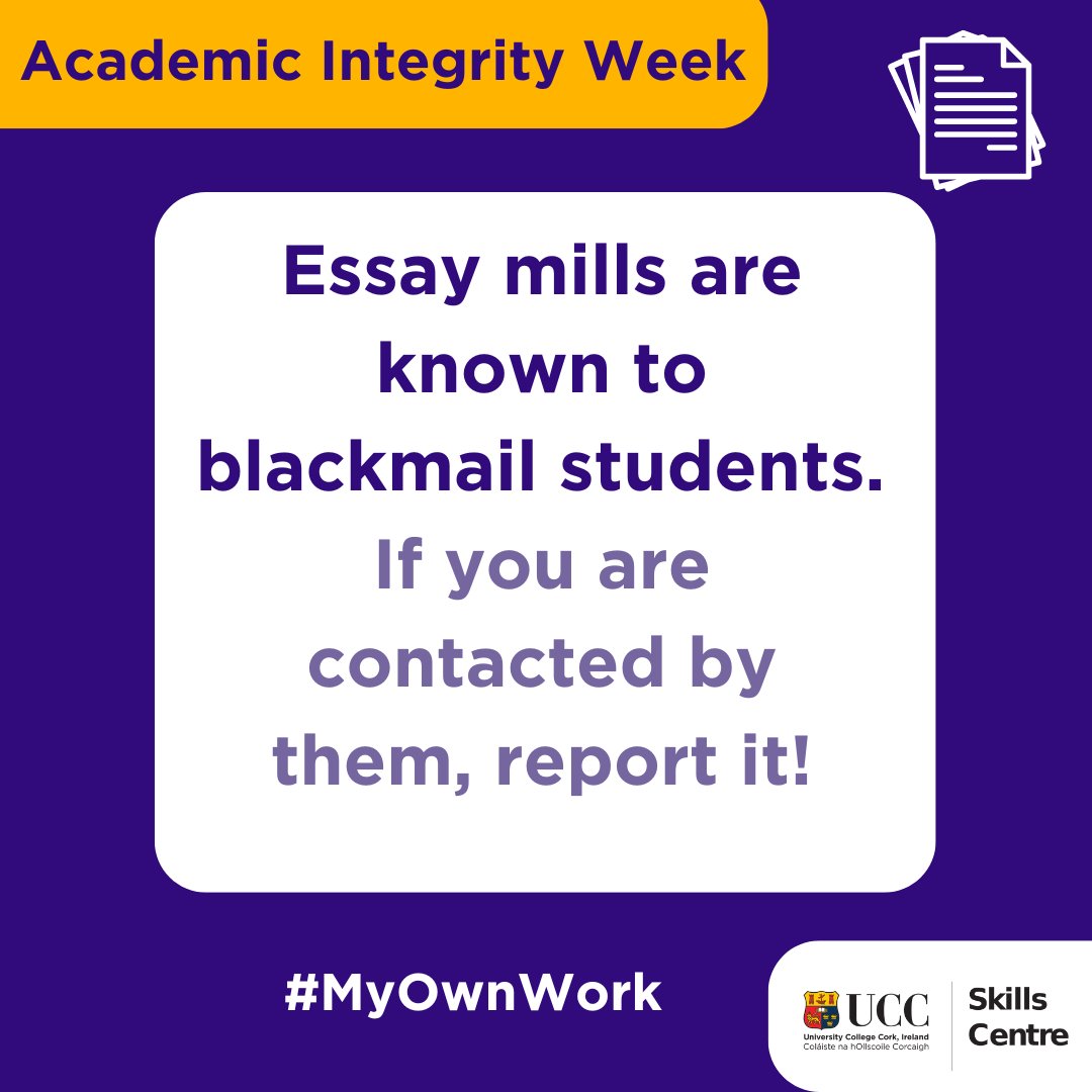 Essay mills and accounts advertising them often DM students. Don't fall for these! Submitting work written by someone else is misconduct, and these services often blackmail students. You can anonymously report contact from essay mills to the Skills Centre: ucc.ie/en/skillscentr…
