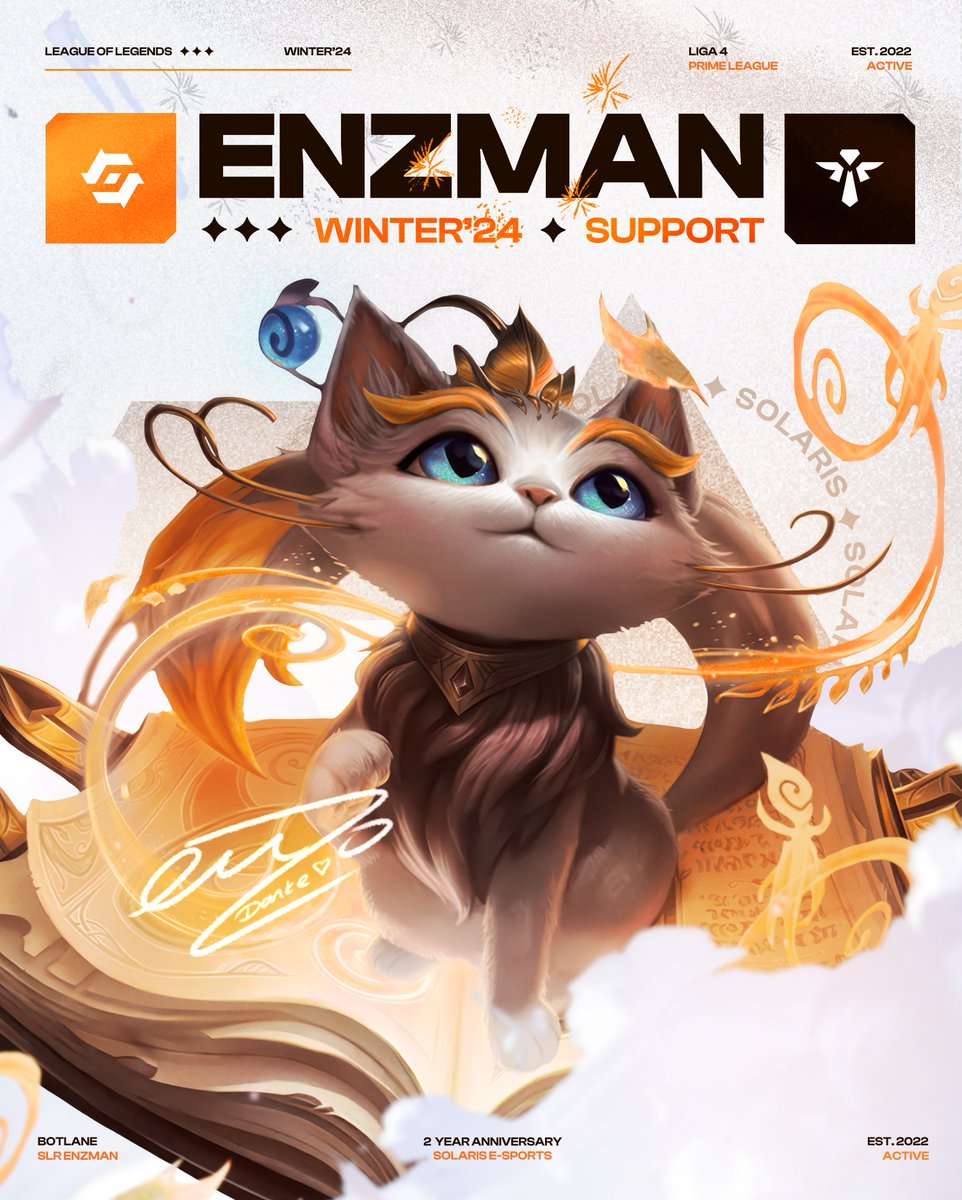 🔸 WINTER'24 ROSTER 🔸

Seit nun zwei Jahren ist <a href="/enzmanLoL/">enzman</a> bereits Teil von Solaris und mittlerweile kaum mehr wegzudenken! 🥺

Auch in diesem Split wird Enzos "Bauchi Bauchi" uns den Weg im Rift zeigen. Schön, dass du bei uns bleibst! 🧡

#SolarisWillRise | #SLRORG | #TKPRM