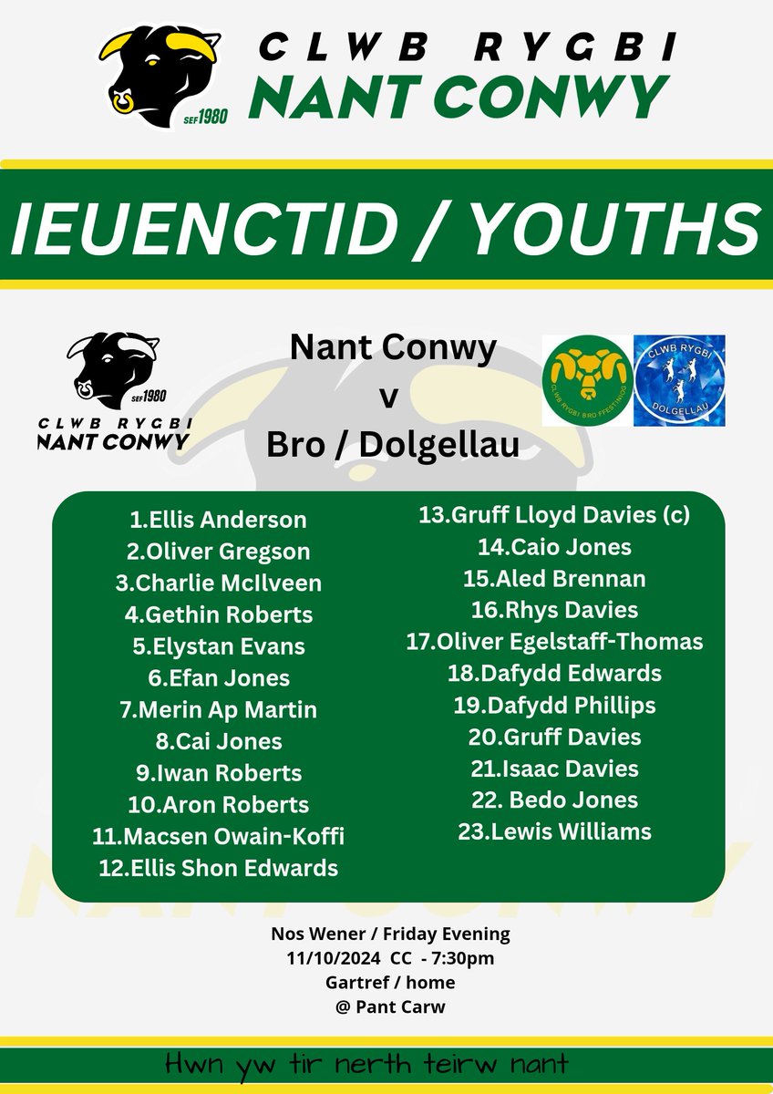 🌟DIWRNOD Y GÊM🌟 

🌟GAME DAY 🌟 

Nant Conwy Ieuenctid vs Bro/Dolgellau Ieuenctid 

7:30cc/ko