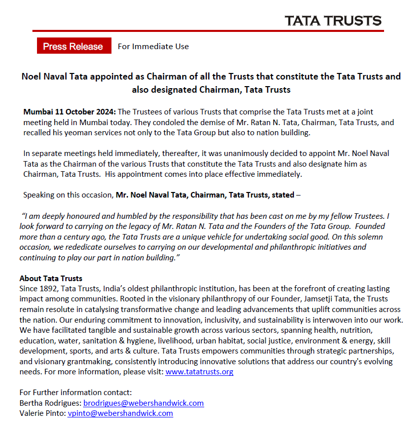 DDIndialive's tweet photo. #TataGroup | #NoelNavalTata appointed as Chairman of all the Trusts that constitute the #TataTrusts and also designated Chairman, Tata Trusts.  

#TataGroupChairman #TATAFoundation https://t.co/0afGiPKIKc