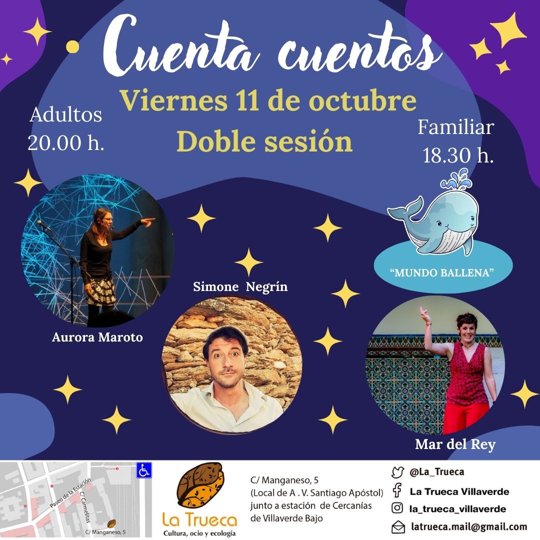 Está tarde vuelven los cuentacuentos a la <a href="/La_Trueca/">La Trueca Villaverde</a> 
Ven a disfrutar con nuestros amigos Simone y Aurora del fantástico "Mundo Ballena"
Un mar de vida abrirá la sesión con un final de contacuentos para adultos
Ven a disfrutar!! Os esperamos