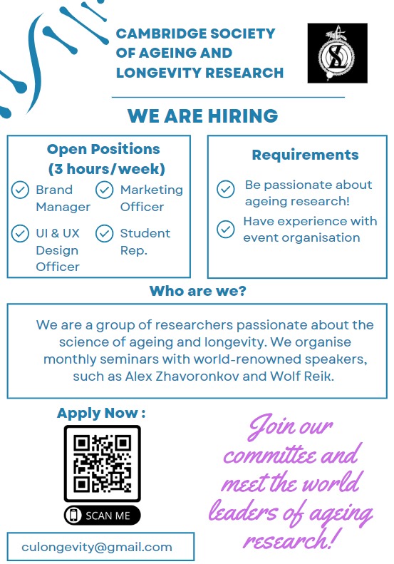 culongevity's tweet image. 🚀 Join Our Team! 🚀
We are looking for new committee members.
🔹 Lead exciting initiatives in ageing research
🔹 Network with top researchers and enthusiasts
🔹 Join a vibrant and supportive community
Apply by filling this form ▶️ tinyurl.com/5n7navks
#longevity #ageing