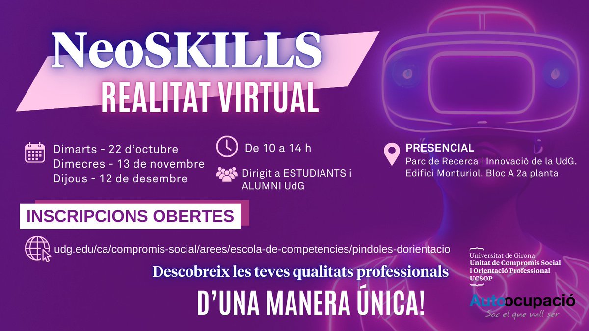 UdGOcupació (@udgocupacio) on Twitter photo 🚀<a href="/estudiantsudg/">C. Estudiants UdG</a> i <a href="/UdGAlumni/">UdG Alumni</a>, prepareu-vos per viure una experiència única!
Amb l'avaluació de competències #NeoSKILLS, descobrireu les vostres qualitats professionals amb #RealitatVirtual! 🕶️
📅 22/10, 13/11 o 12/12
📍 Presencial
🔗Inscriu-te a bit.ly/3YkeajR 🚀<a href="/estudiantsudg/">C. Estudiants UdG</a> i <a href="/UdGAlumni/">UdG Alumni</a>, prepareu-vos per viure una experiència única!
Amb l'avaluació de competències #NeoSKILLS, descobrireu les vostres qualitats professionals amb #RealitatVirtual! 🕶️
📅 22/10, 13/11 o 12/12
📍 Presencial
🔗Inscriu-te a bit.ly/3YkeajR