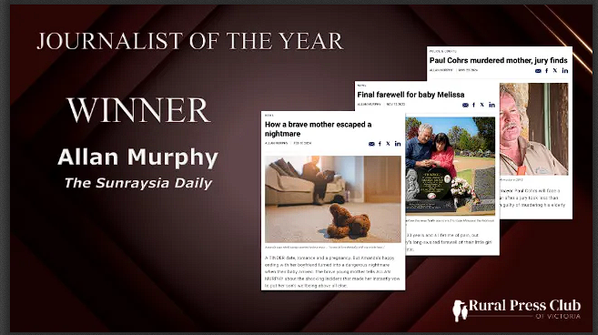 Congratulations to winner of the #RPCVAwards 2024 Journalist of the Year: Allan Murphy of Sunraysia Daily Award sponsor: 89 Degrees East.
Congratulations to the highly commended entrants: Chris Earl of Loddon Herald and Lexie Jeuniewic of ABC News.