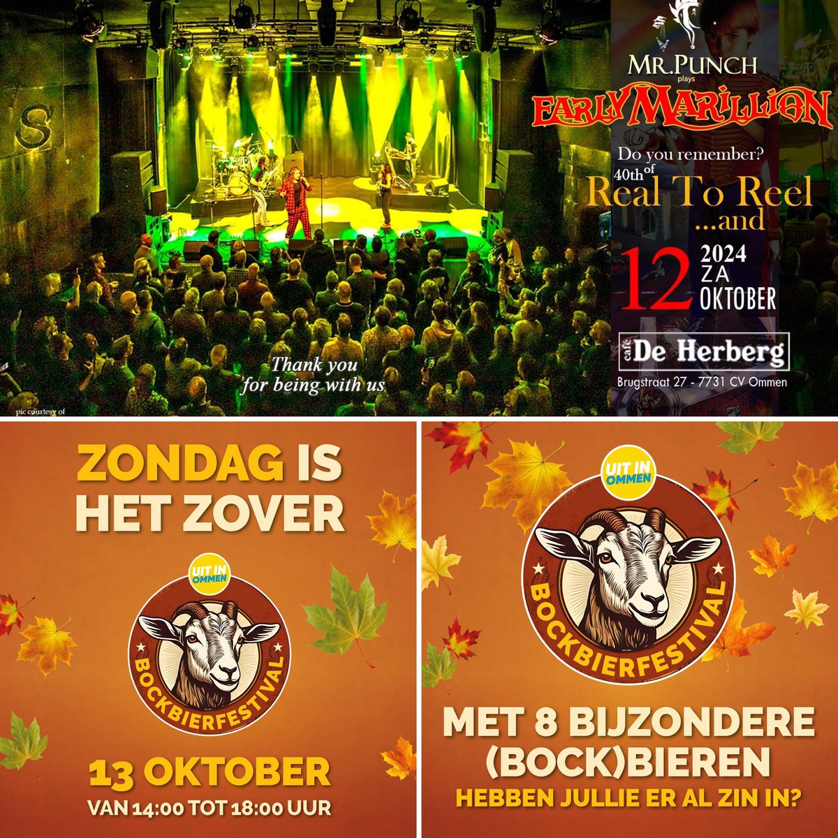 Morgenavond in de HMH: Marillion door Mr. Punch!  Er zijn nog een paar kaartjes te koop!!
VVK € 12.50 (store.ticketing.cm.com/punch2024) 
Zondag hebben we weer het jaarlijkse bockbier festival op het kerkplein. Vanaf 14:00 uur kunt u veel verschillende soorten bockbier proeven!