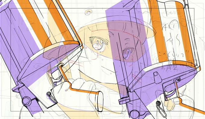 「銃器作画監督」の一人として名前を出させていただいてますが、具体的には1枚目のようなアタリがあるところに作画監督の指示に沿って別レイヤーで銃器を描いて、2枚目のように影とハイライトを指定していく作業です。キャラと重なる部分は描きません。(第1話より引用) 