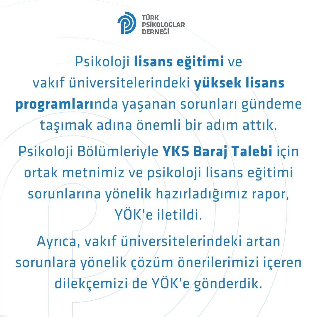 Psikoloji Bölümleriyle YKS Baraj Talebi için ortak metnimiz ve psikoloji lisans eğitimi sorunlarına yönelik hazırladığımız rapor, YÖK'e iletildi. Ayrıca, vakıf üniversitelerindeki artan sorunlara yönelik çözüm önerilerimizi içeren dilekçemizi de YÖK'e gönderdik.