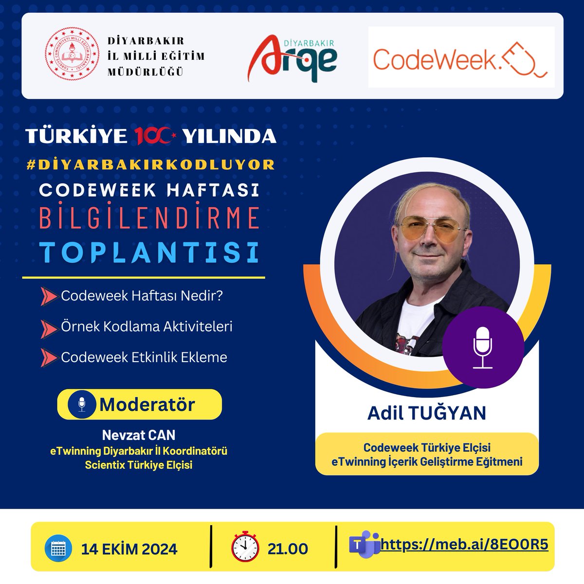 🚀 Türkiye Yüzyılı'nda Diyarbakır Kodluyor! 🌍💻

2024 Codeweek haftası etkinlikleri kapsamında ilimizde kodlama, robotik, STEM vb. konularda farkındalık oluşturmak, öğrencilerimizin eğlenceli kodlama aktiviteleriyle buluşmasını sağlamak amacıyla "Türkiye Yüzyılın’da Diyarbakır