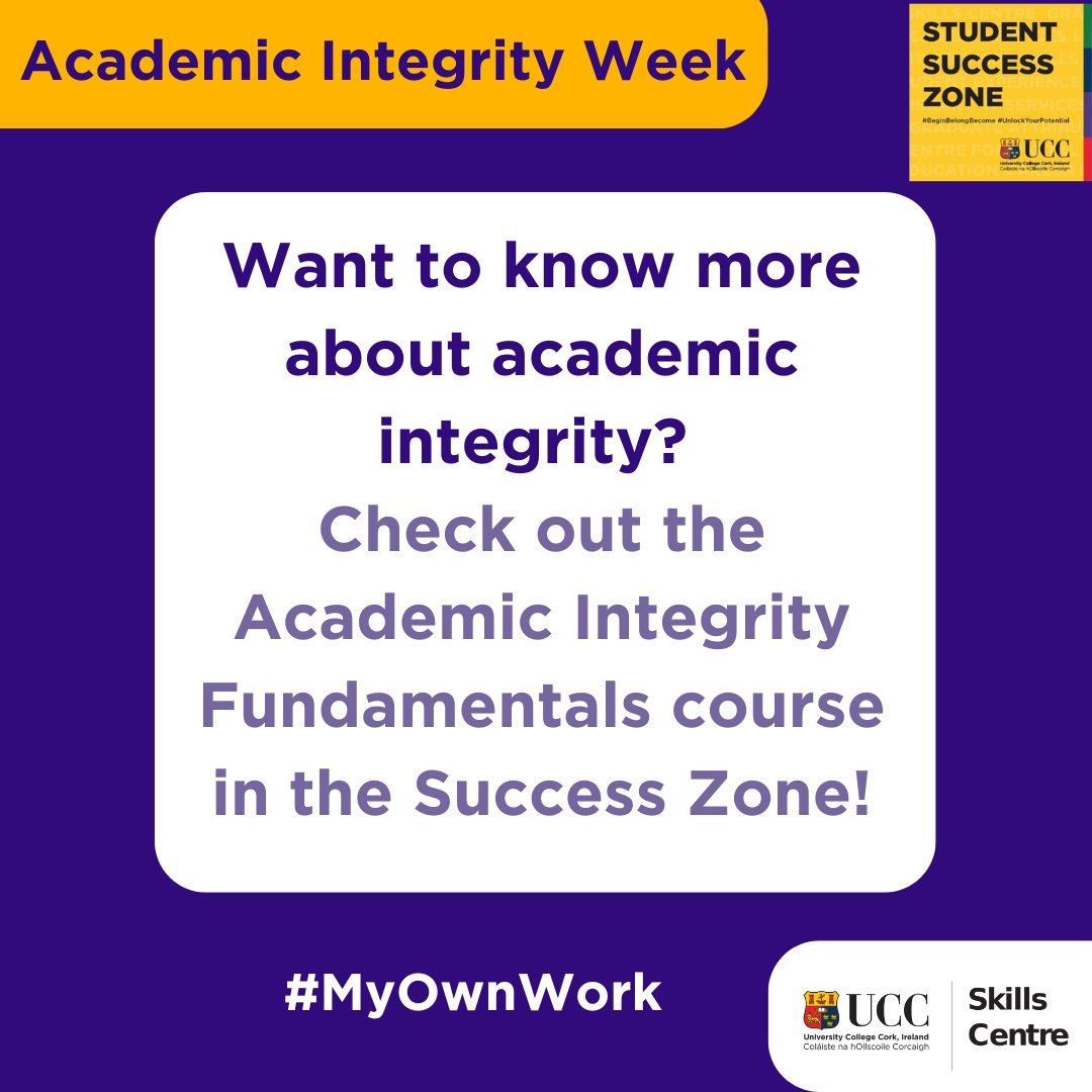As we come to the end of Academic Integrity Week, remember that academic integrity is important every week! If you want to learn more come by the Skills Centre, access our resources, and check out the Academic Integrity Fundamentals course in the Canvas Success Zone. #MyOwnWork