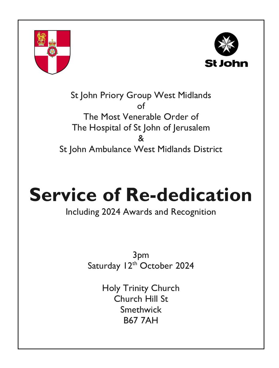 St John Priory Group - West Midlands (@stjohn_westmids) on Twitter photo Do come and join us as we celebrate the voluntary service of <a href="/stjohnambulance/">St John Ambulance England</a> people across the West Midlands and re-dedicate ourselves ‘For the Faith and in the Service of Humanity’ at tomorrow’s West Midlands Service of Re-dedication.
All are welcome. <a href="/StJohnEngland/">St John England</a> Do come and join us as we celebrate the voluntary service of <a href="/stjohnambulance/">St John Ambulance England</a> people across the West Midlands and re-dedicate ourselves ‘For the Faith and in the Service of Humanity’ at tomorrow’s West Midlands Service of Re-dedication.
All are welcome. <a href="/StJohnEngland/">St John England</a>