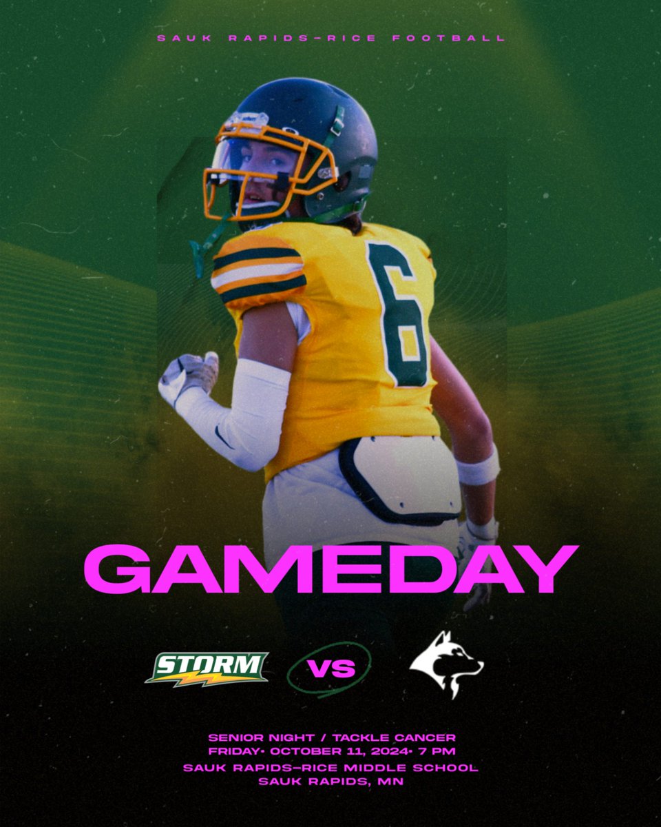 Get up, it's Gameday! Tonight your Sauk Rapids-Rice Storm host the Andover Huskies for Senior Night and the annual Tackle Cancer game. Bring money for donations tonight at the game!

🕖:  7:00 PM
📍: Sauk Rapids-Rice MS
🎥: storm.isd47.org/find-it-fast/w…