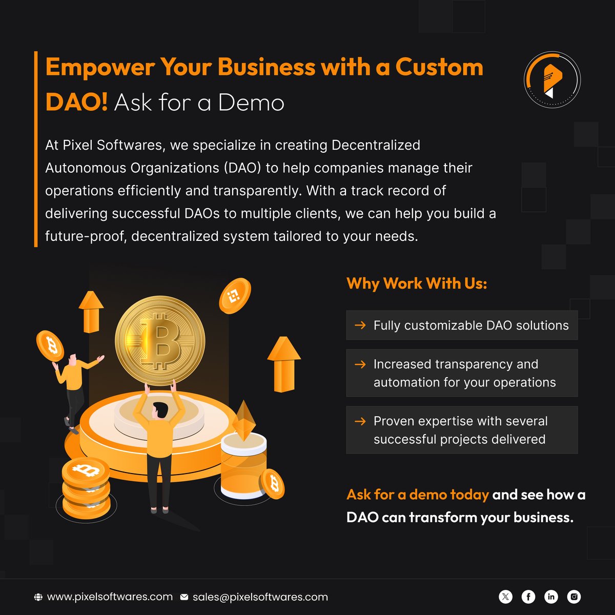 SoftwaresPixel's tweet image. Empower Your Business with a Custom DAO!
At Pixel Softwares, we specialize in creating DAO to help companies manage their operations efficiently and transparently.
Ask for a Demo Today!
tinyurl.com/3acbtwjf
#daodevelopment #dão #autonomousmanagement #pixelsoftwares