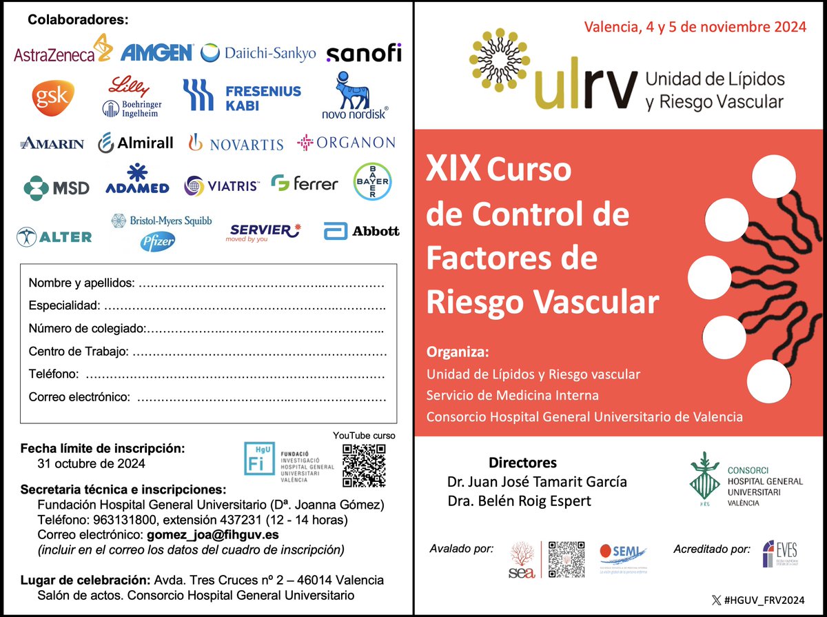 BRoigEspert's tweet photo. Os esperamos el 4 y 5 de noviembre de 2024 en el XIX Curso Control de FRV del @HGUVALENCIA con el lema "TV: Salud y riesgo vascular" con @Jj_Tamarit @61Morillas @yulnunezvill @JCosinSales @mi_cardiologo @jopesilver @Beatrizvoltas1 @FrancescPuchad1 @semi @sea_es @cristinipulis https://t.co/QnCUwix0ld