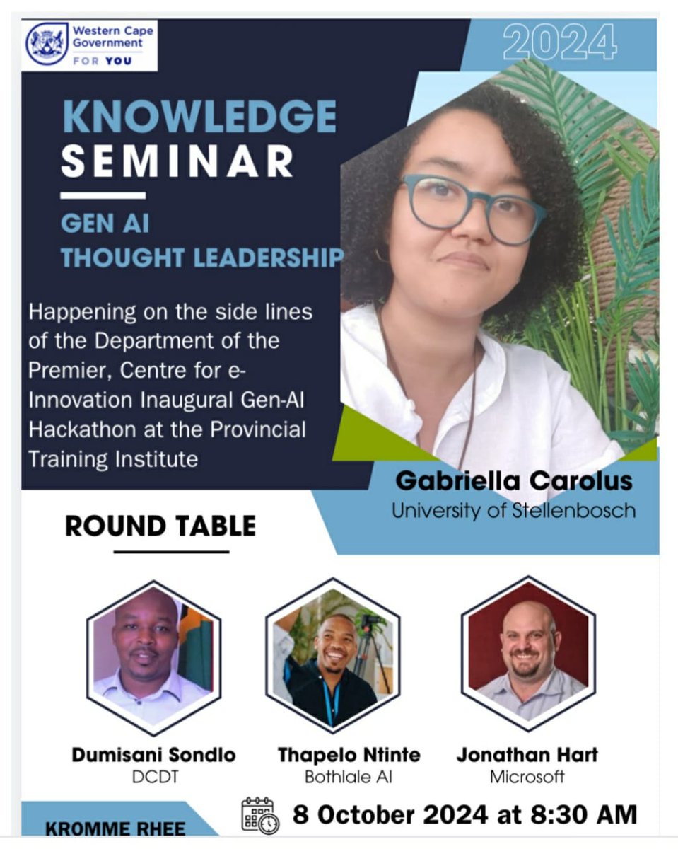 We are thrilled to share that Gabriela Carolus, a PhD Fellow and Research Project Manager in the Division of Health Systems and Public Health, was the keynote speaker at the #GenAI  Knowledge &amp; Thought Leadership Seminar <a href="/WesternCapeGov/">Western Cape Gov</a>