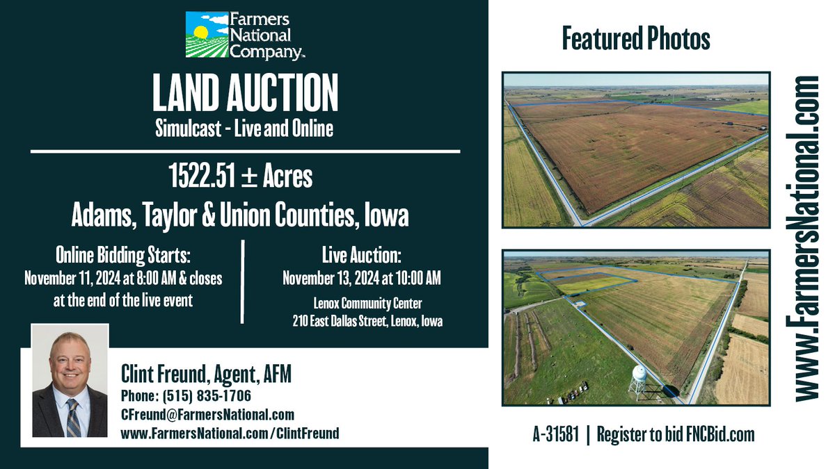 FarmersNational's tweet photo. Land Auction!
Simulcast - live and online.
1522.51 acres in Adams, Taylor &amp; Union Counties, #Iowa.

EIGHT tracts offered via buyer's choice! Large tracts for #efficient operations with above-average CSR2 values. Improved #farms!

🔗: https://t.co/BXGqKdFTs0 https://t.co/wXwTdCQuOI