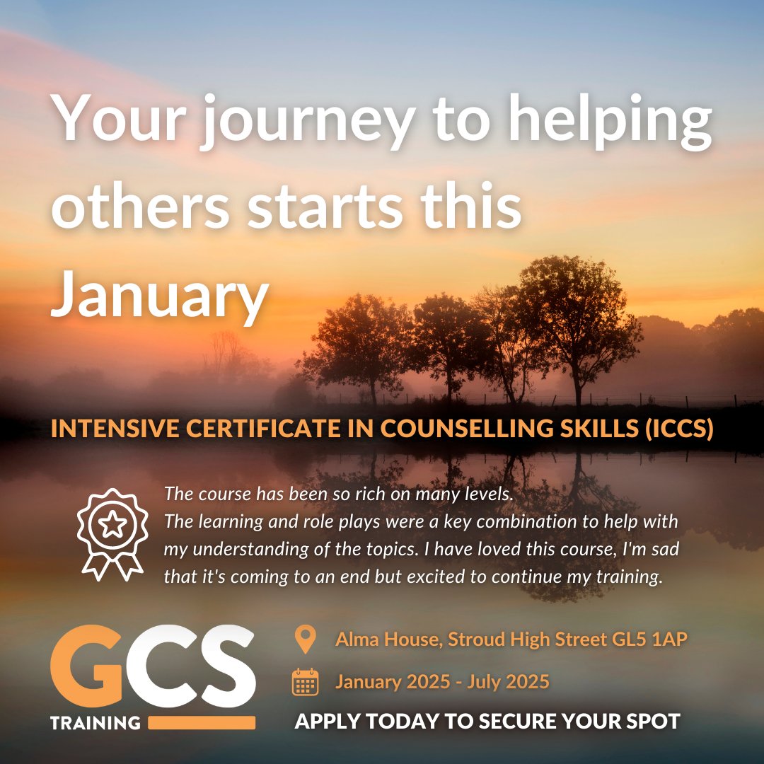 Start your journey in counselling this January with our Intensive Certificate in Counselling Skills. Whether you're looking to expand your skills or start a new career, this course will equip you with the tools to support others. Spaces are limited! 

gloscounselling.org.uk/certificate-in…