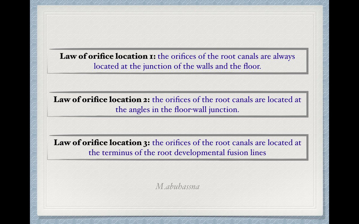 🟢من أكثر الخطوات صعوبة في علاج العصب الوصول للقنوات بشكل صحيح وبأكثر كمية محافظة على السن 

🟢 كثير من المقالات العلمية حاولت تسهيل عملية الوصول للقنوات الجذرية عن طريق قواعد متبعة 

🟢 جعمت لكم احدثها وبنزل لكم الارتيكلز برابط هنا

🟢 احفظها عندك واقراها مع فنجان قهوة وبروقان