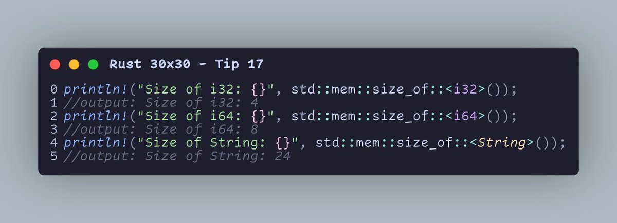 🔍 #Rustlang Tip: Use std::mem::size_of::&lt;T&gt;() to check the size of types at compile-time.

#RustPerformance #Rust30by30 #Day17