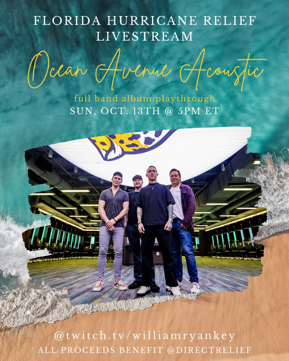 Yellowcard's tweet photo. Join us Sunday for a full band acoustic play through of the Ocean Avenue album LIVE on Ryan’s channel! All proceeds benefit @DirectRelief for assistance in the aftermath of hurricanes Milton and Helene https://t.co/5CyqUchYaI