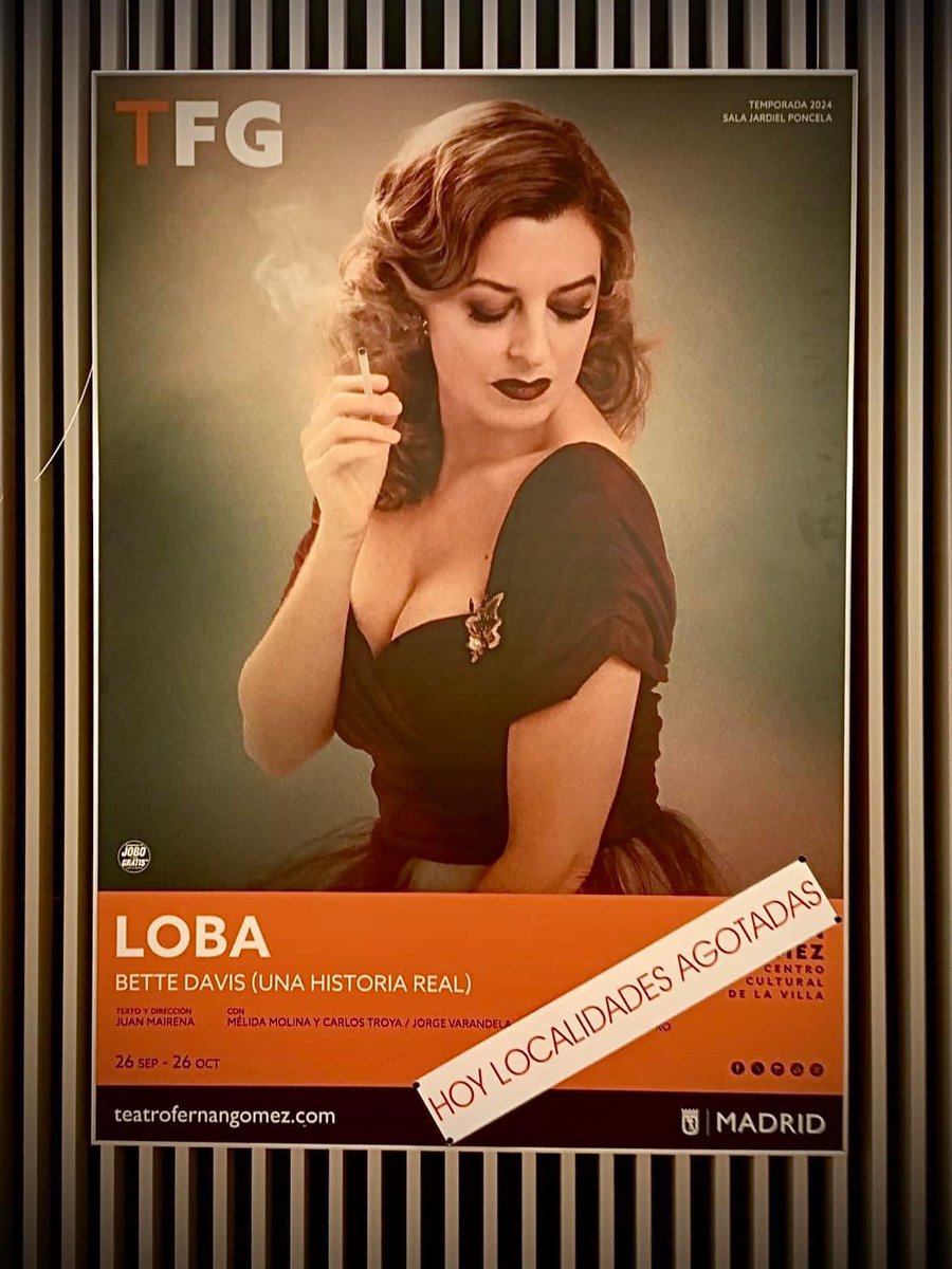 🎭 🔴 ENTRADAS AGOTADAS HOY 🔴 🎭 

Loba es un montaje que homenajea al séptimo arte y a las divas de la gran pantalla, donde la emoción, el amor por el cine clásico, el humor y la pasión se desbordan, con una Bette Davis en estado puro. 

🗓️ Solo hasta el 26 de octubre de 2024.