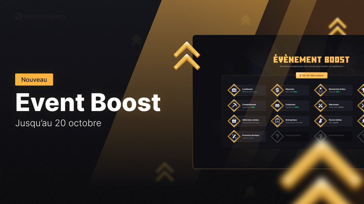 Suite aux récentes maintenances, nous avons décidé de booster tout le jeu avec un nouveau système événementiel, jusqu'au 20 octobre ! 🚀

- Boosts sur l'Hôtel des ventes, Compétences, Warzones, R&amp;D... 📈

- 50% de dollars en bonus pour tout achat de pack 💸
- 2 items
