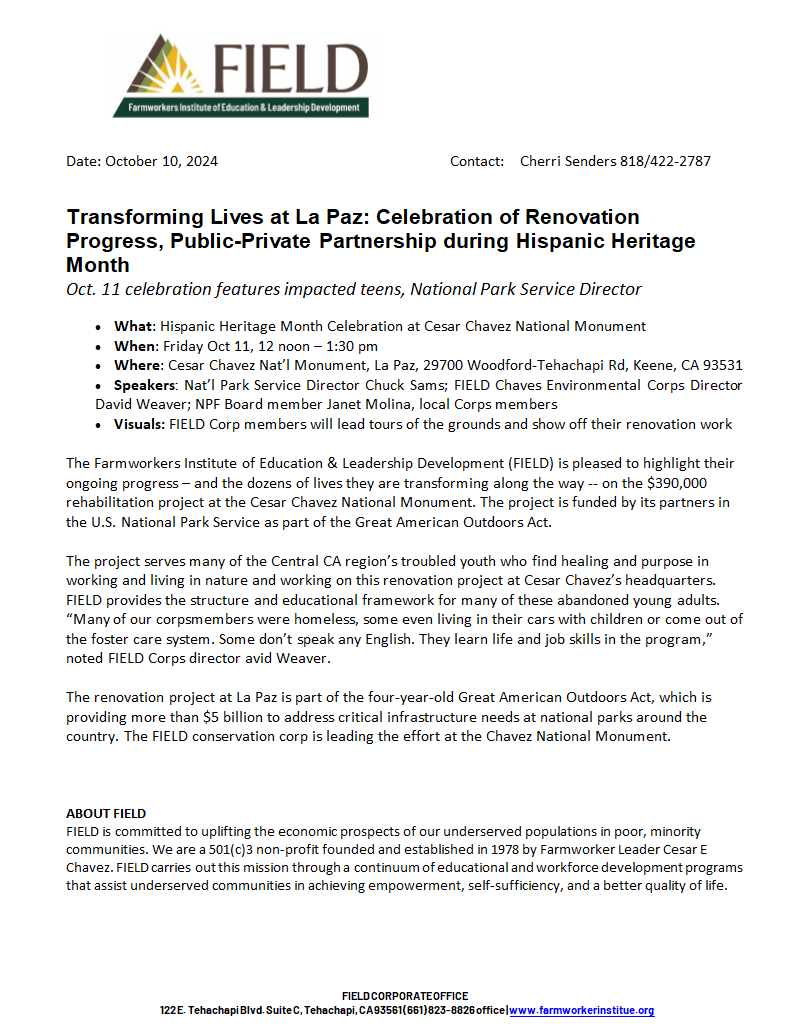 FIELD is pleased to highlight the ongoing progress on the $390,000 rehabilitation project at the Cesar Chavez National Monument. Read more in our statement below about today's event featuring the Chavez Environmental Corps.  #farmworkers #HispanicHeritageMonth2024 #CesarChavez